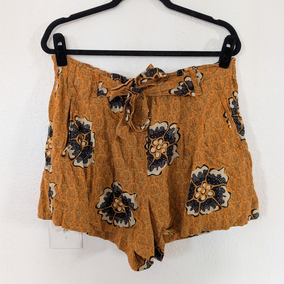 Anthropologie Kennedy Orange Floral Paper Bag Shorts Linen Blend Size L Boho - Picture 2 of 9
